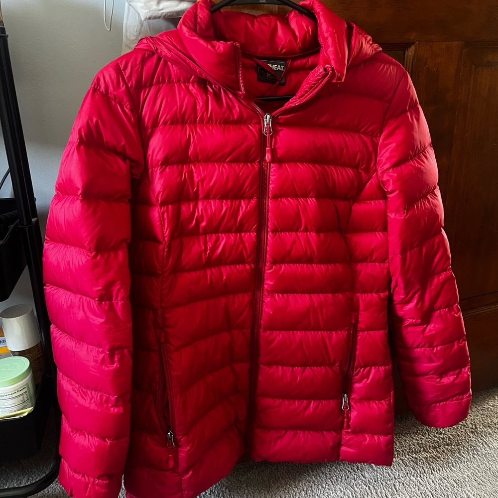 Red puffer jacket